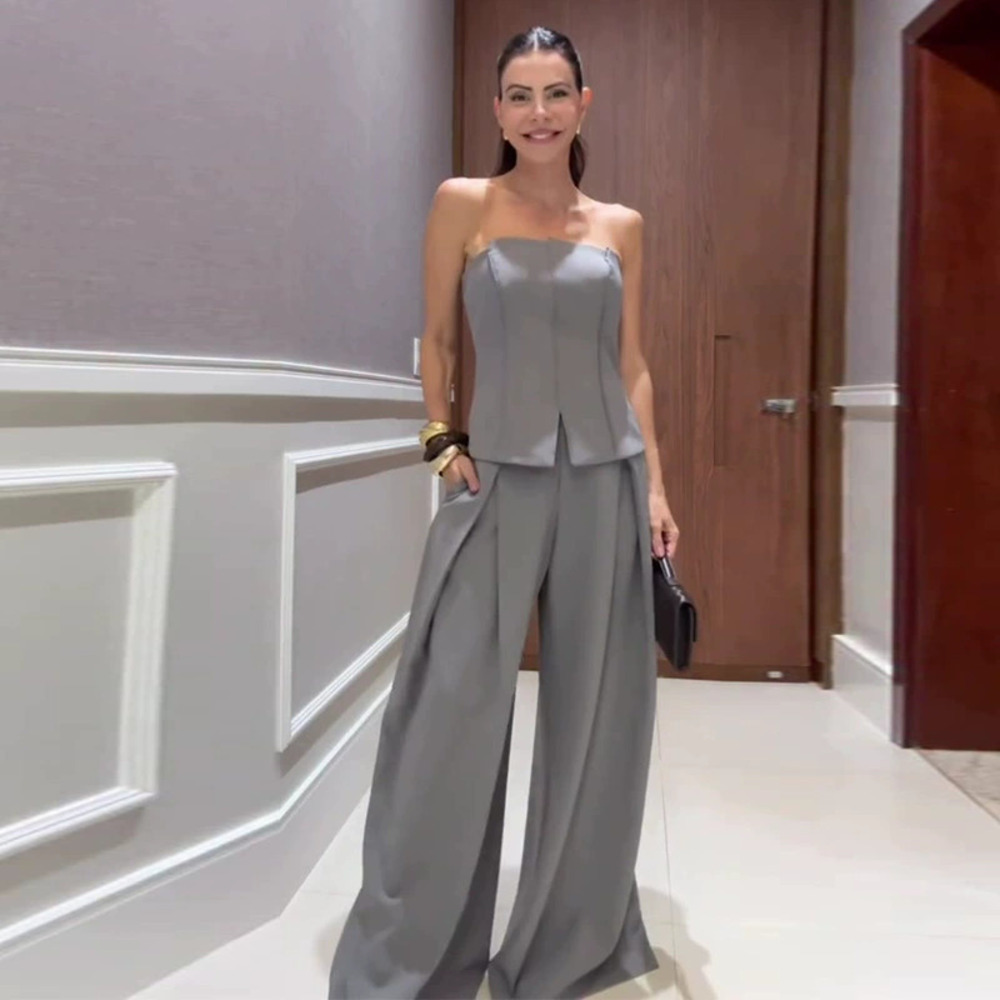 Forever 21 Summer Gray Fitted Tube Top Wide-Leg Pants Set
